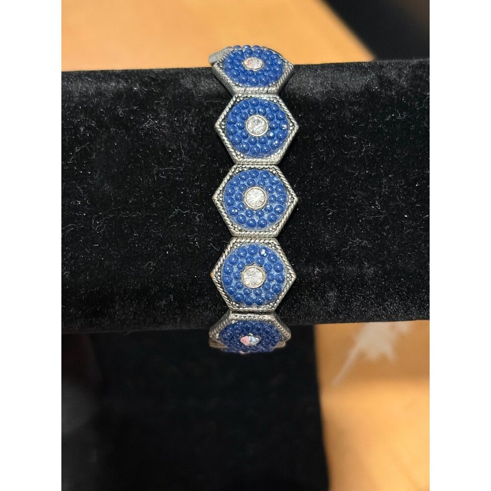 Vintage Silver Tone Hexagon Blue Seed Beads Stretch Bracele EUC - Picture 2 of 4